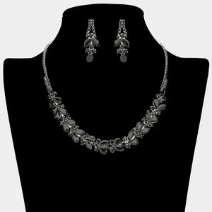 Black marquise and teardrop rhinestone prom and evening necklace set on silver displayed on black mannequin necklace bust
