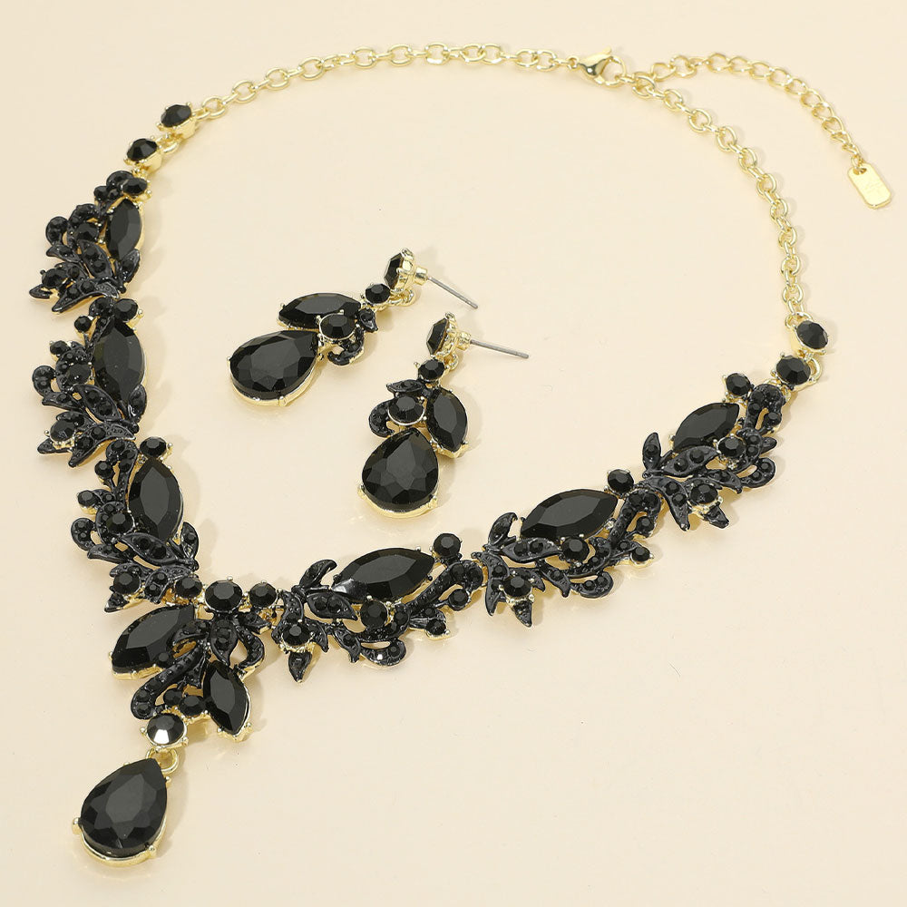 Black Multi Stone Evening Necklace Set gold backed on a cream background