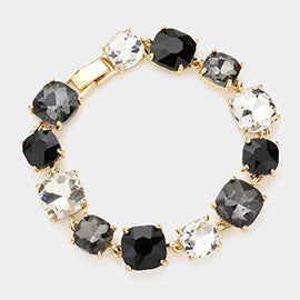 Black-Grey-Clear Cushion Square Stone Link Bracelet Gold Backed on a white background