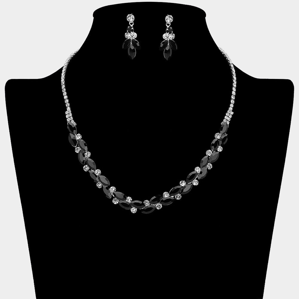 Black Round Marquise Rhinestone Necklace on a black mannequin bust on a white background