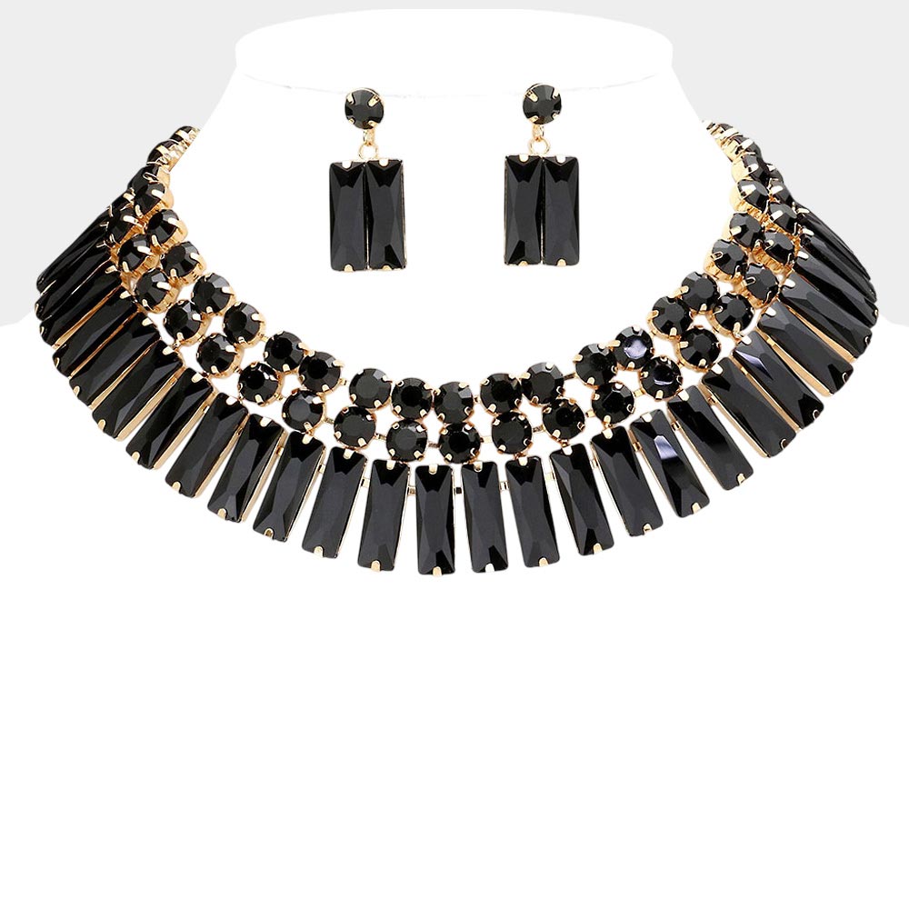 Jet Black round and rectangle crystal necklace set on gold displayed on white background