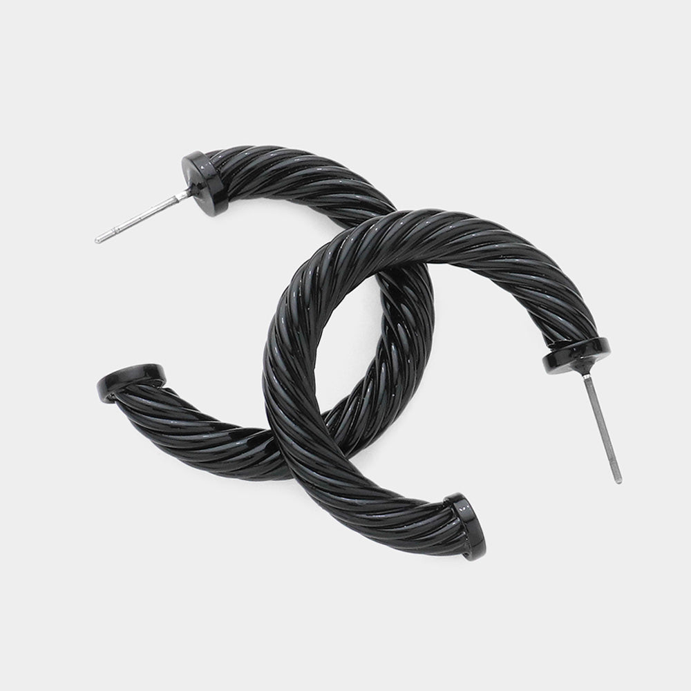 Black twisted rope texture hoop earrings 1.25 inch shown on a white background