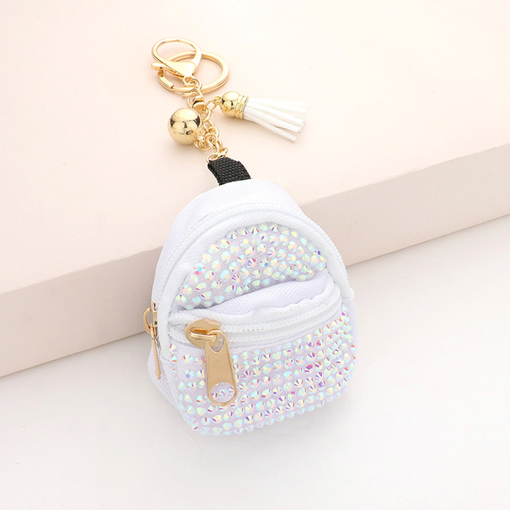 Bling Studded Backpack keychain in white