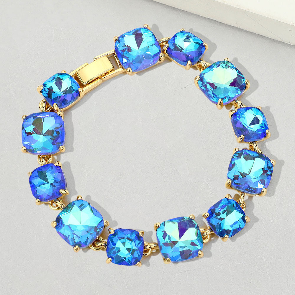 Blue AB Cushion Square Stone Link Bracelet Gold Backed on a white background