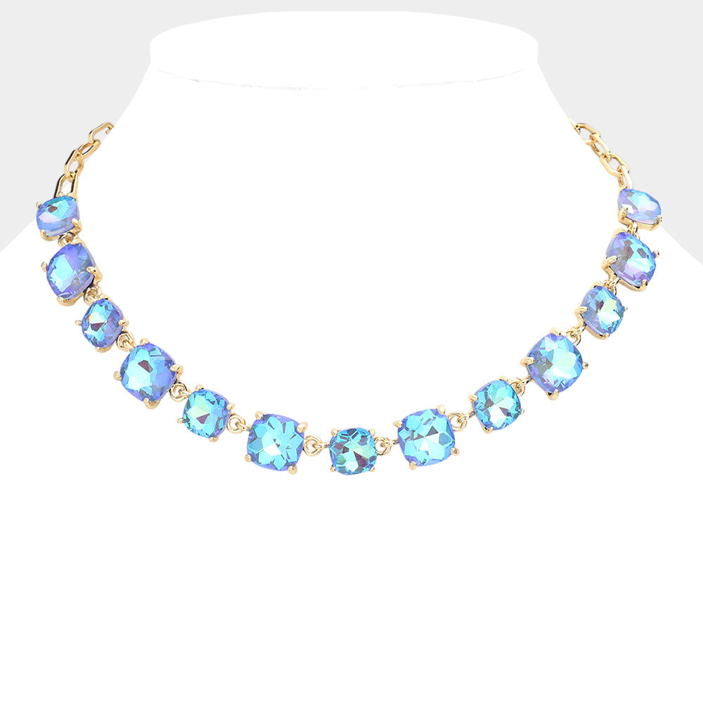 Necklace with square blue AB gemstones on a white background