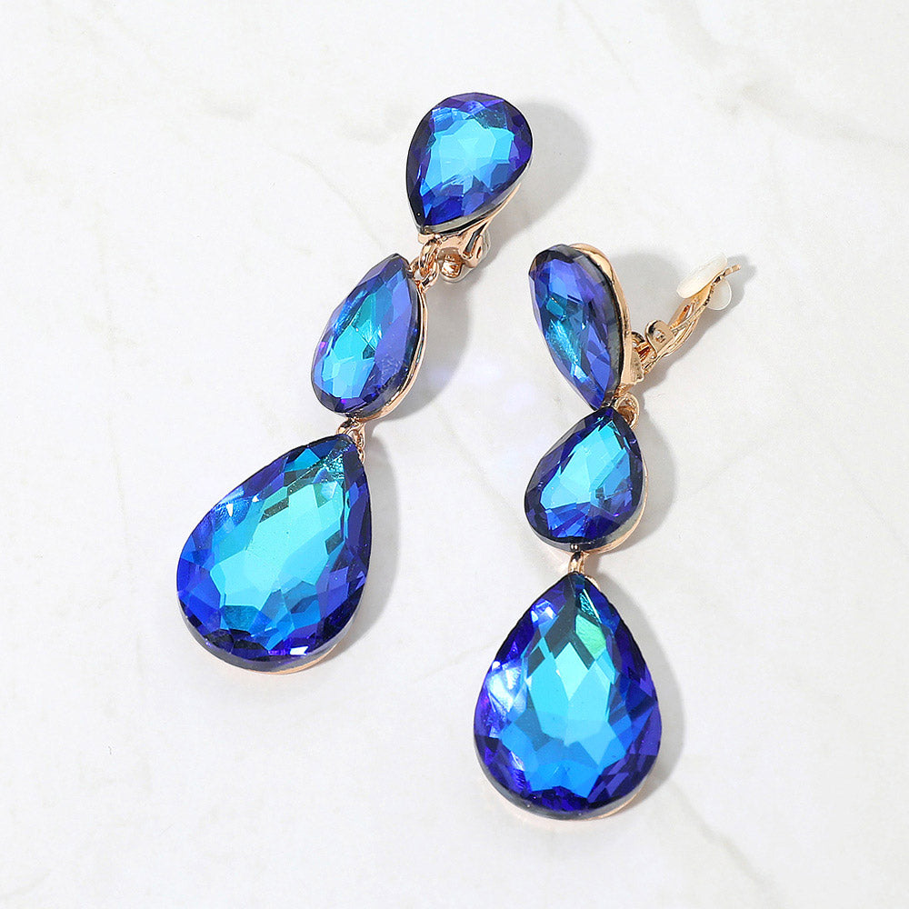 Blue Crystal Triple Teardrop Clip-on Pageant Earrings on Gold | Blue Earrings | 693332