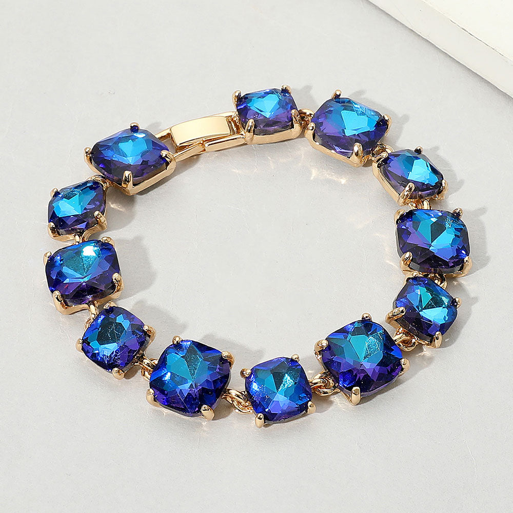 Blue Cushion Square Stone Link Bracelet Gold Backed on a white background