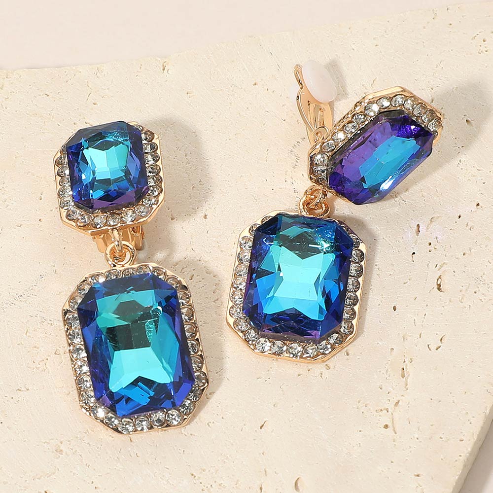 Blue AB Double Rectangle Drop Clip On Pageant Earrings | Fuchsia Drop Earrings