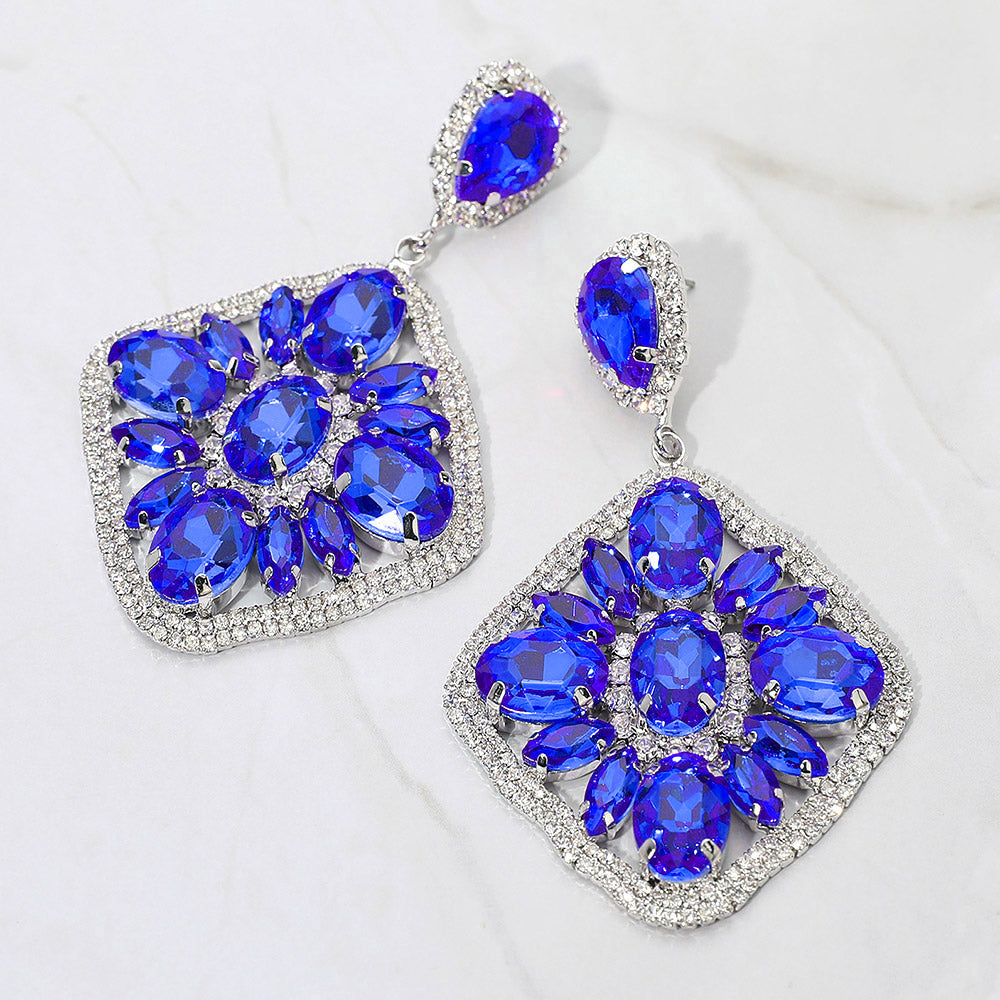 Blue Oval Marquise Stone Cluster Rhinestone Statement Earrings – Glam Evening & Pageant Jewelry |  537244