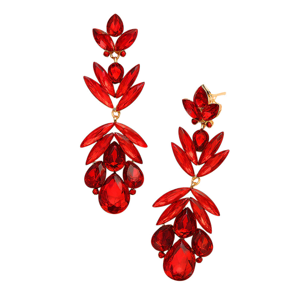 Red Crystal Earrings with Petal Shaped Features gold backed on a white background