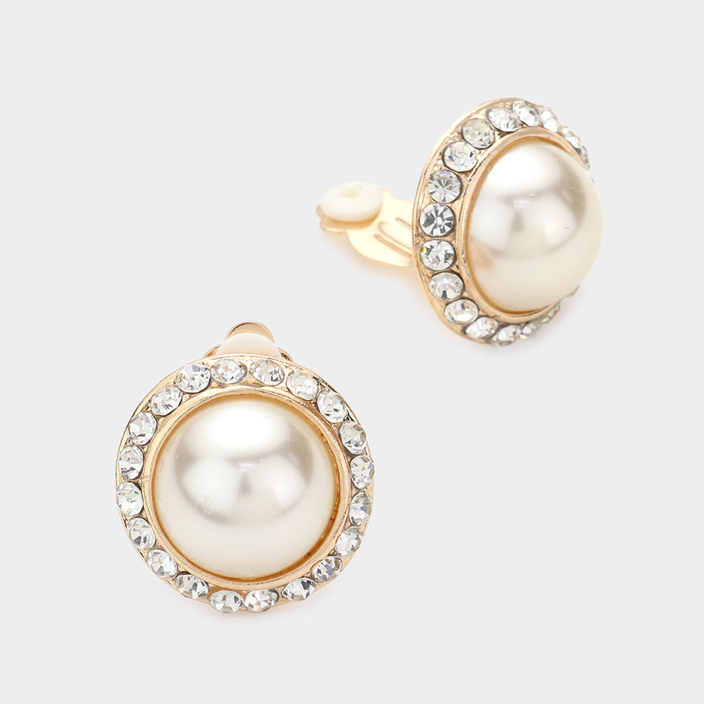 Cream Pearl Clip On Stud Earrings on Gold | Bridal Jewelry