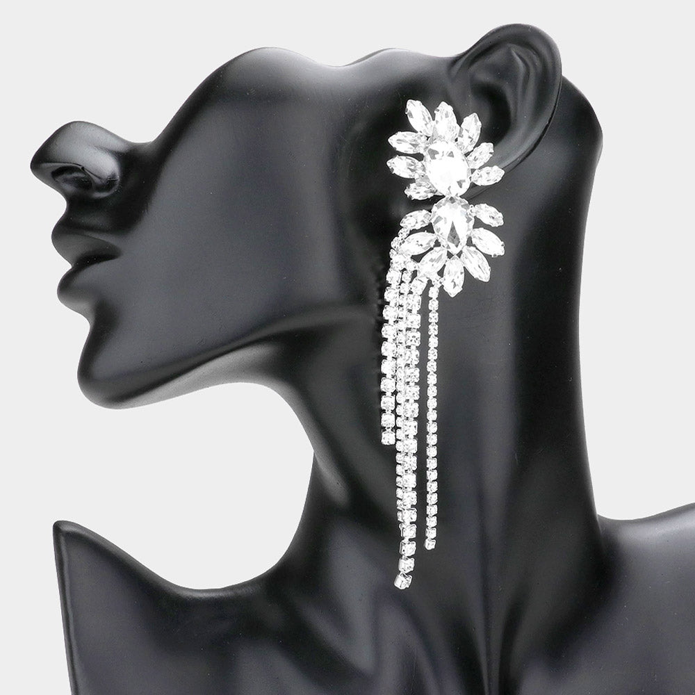 Clear Long Floral Stone Accented Rhinestone Drop Fringe Clip On Pageant Earrings | Prom Earrings