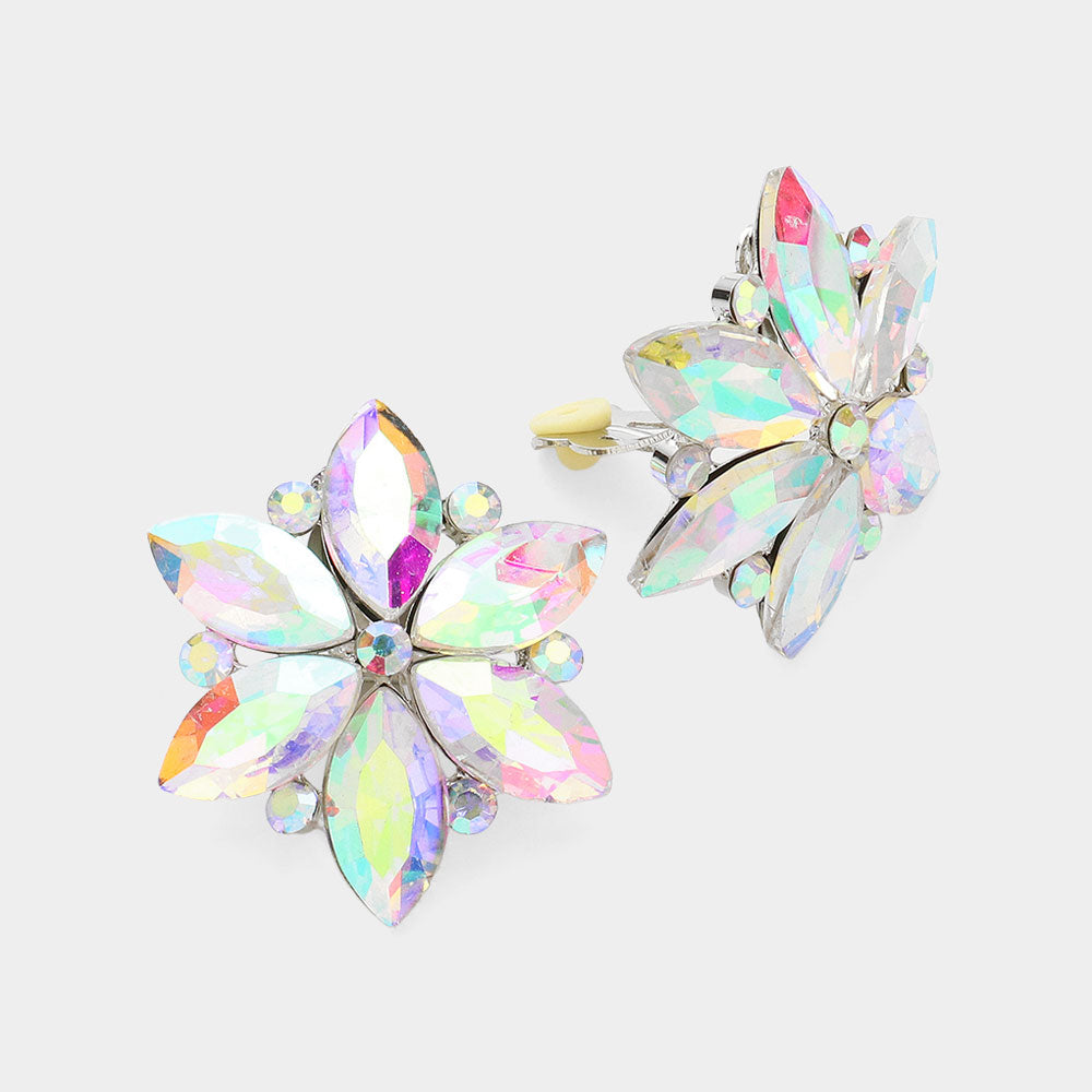 AB Marquise Stone Cluster Flower Clip On Pageant Earrings  | Interview Clip On Earrings
