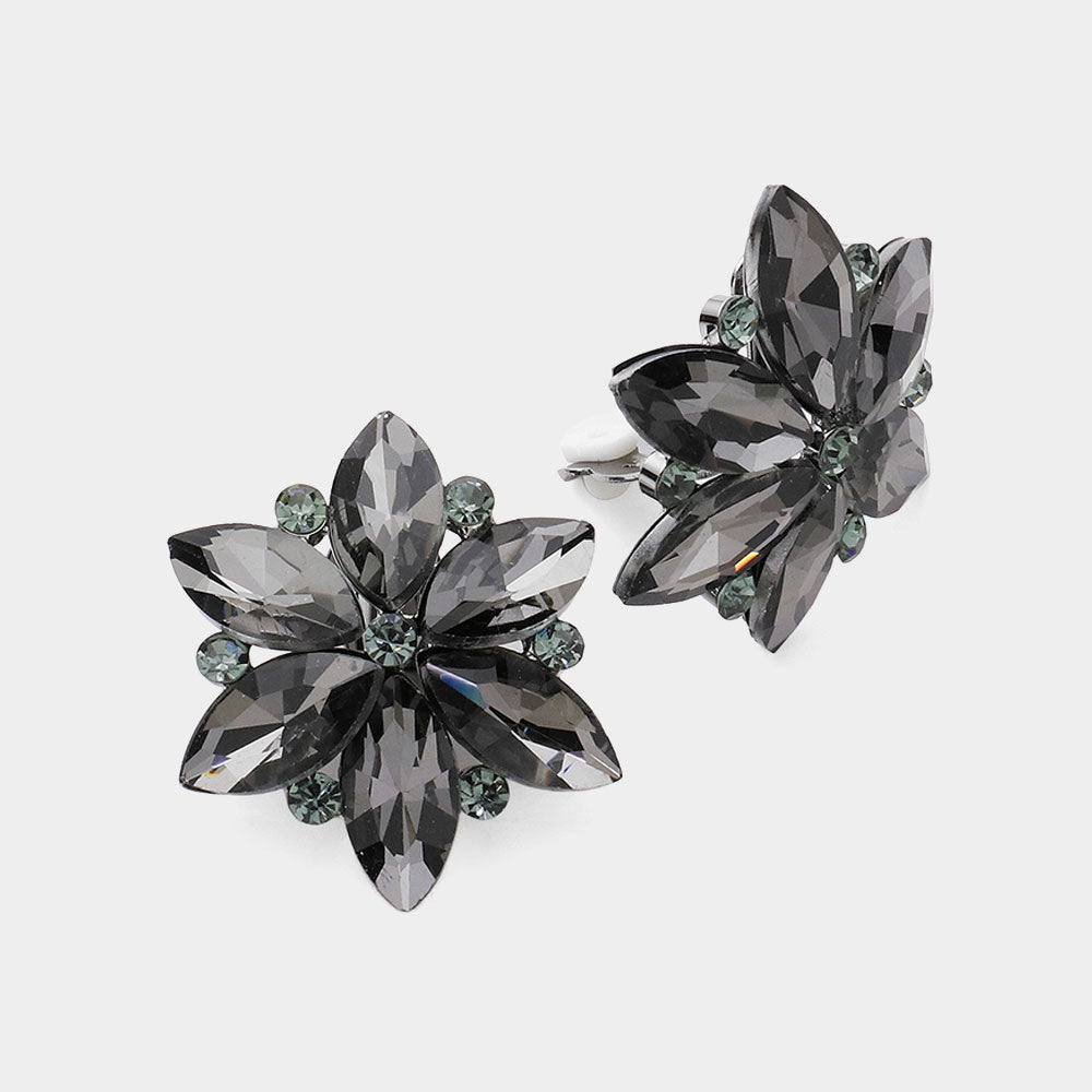 Black Diamond Marquise Stone Cluster Flower Clip On Pageant Earrings  | Interview Clip On Earrings