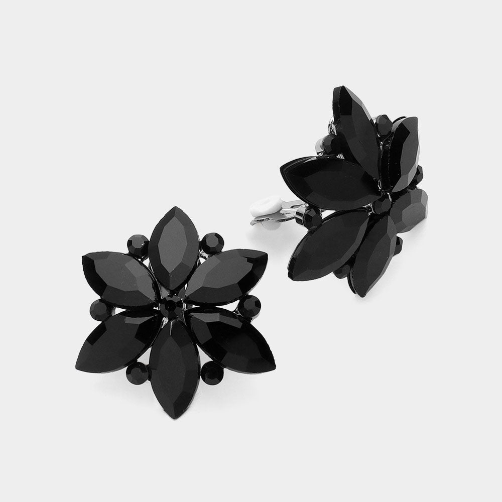 Black Marquise Stone Cluster Flower Clip On Pageant Earrings   | Interview Clip On Earrings