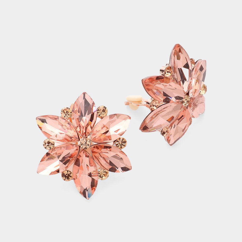 Peach Marquise Stone Cluster Flower Clip On Pageant Earrings   | Interview Clip On Earrings