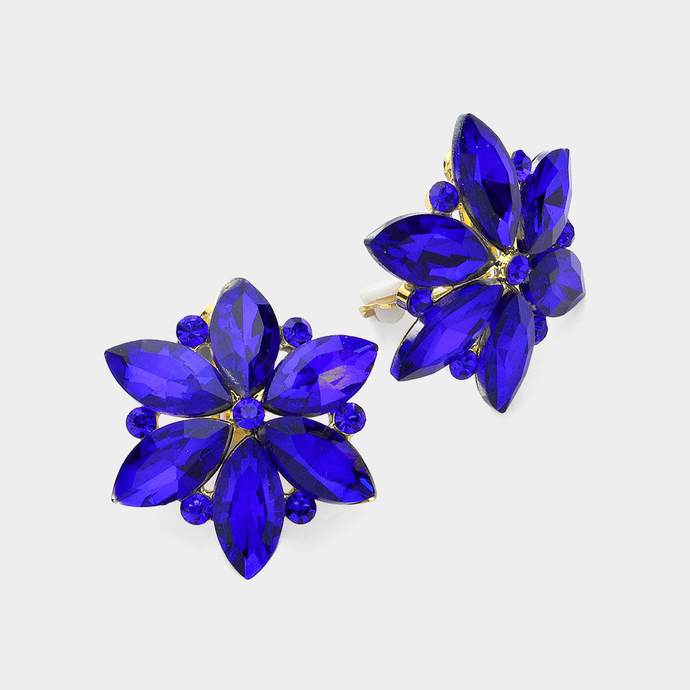 Royal Blue Marquise Stone Cluster Flower Clip On Pageant Earrings   | Interview Clip On Earrings