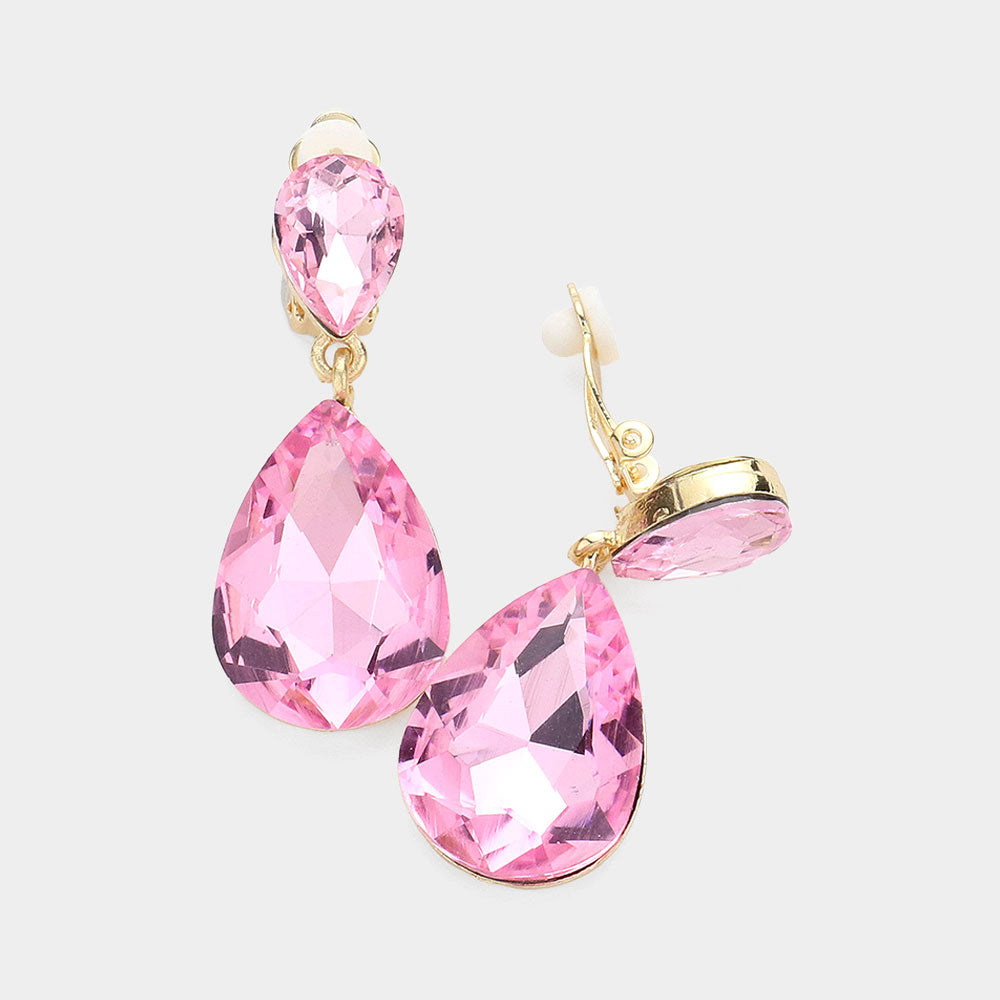 Little Girls Clip on Pink Teardrop Earrings
