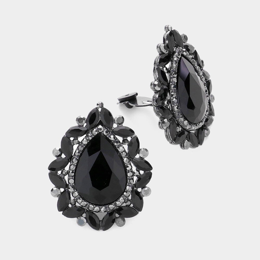 Black Teardrop Stone Clip On Pageant Earrings | Interview Earrings