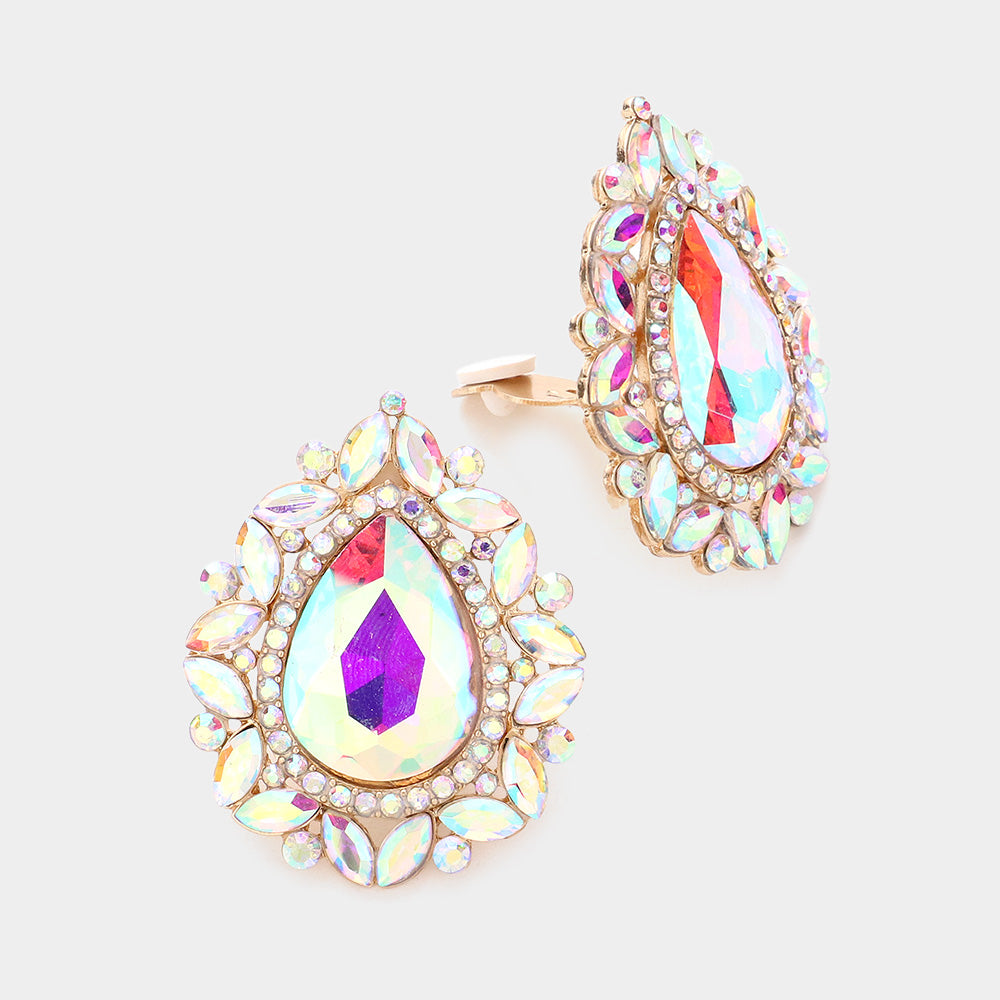 AB Teardrop Stone Clip On Pageant Earrings on Gold | Interview Earrings