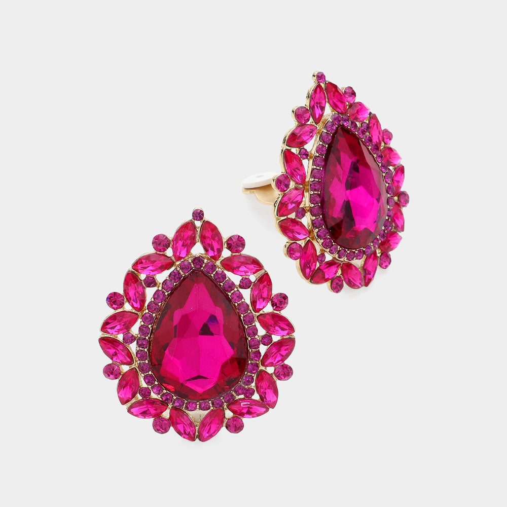<span>Fuchsia&nbsp;</span>Teardrop Stone Clip On Pageant Earrings&nbsp; | Interview Earrings