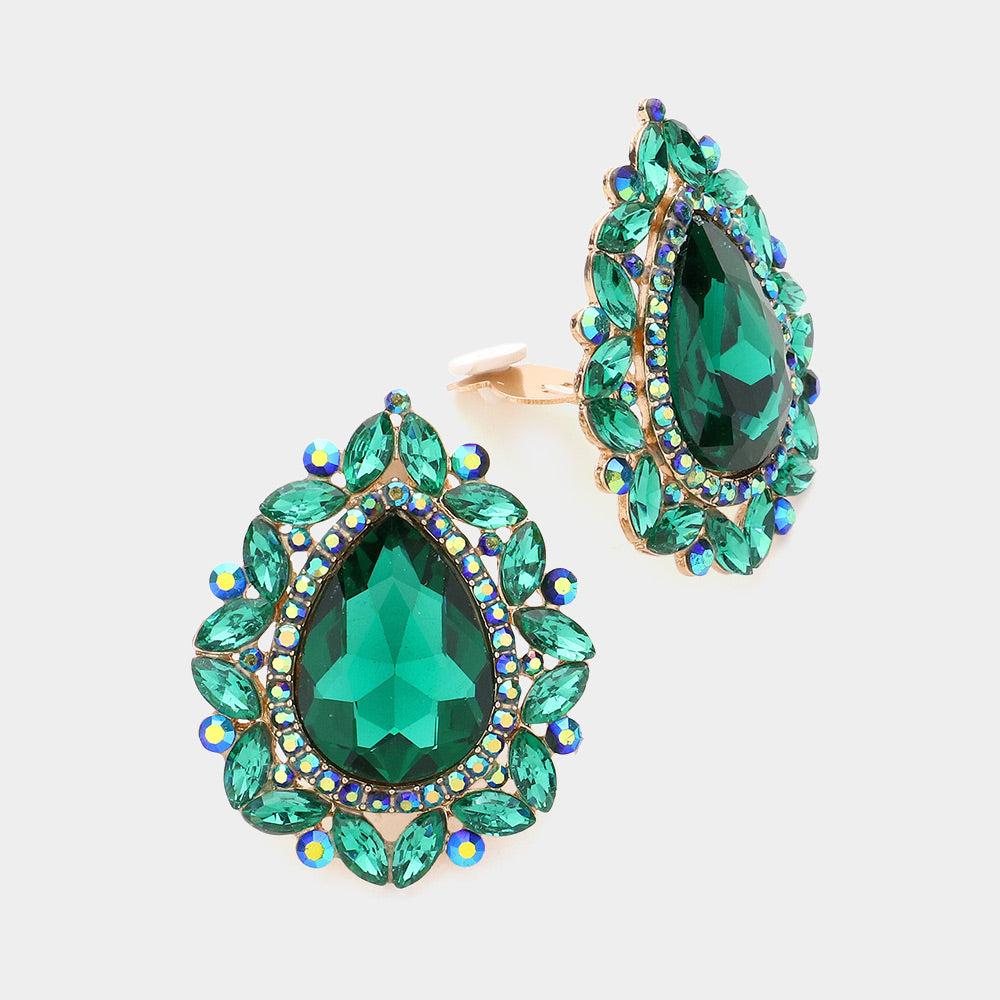 Emerald Teardrop Stone Clip On Pageant Earrings | Interview Earrings