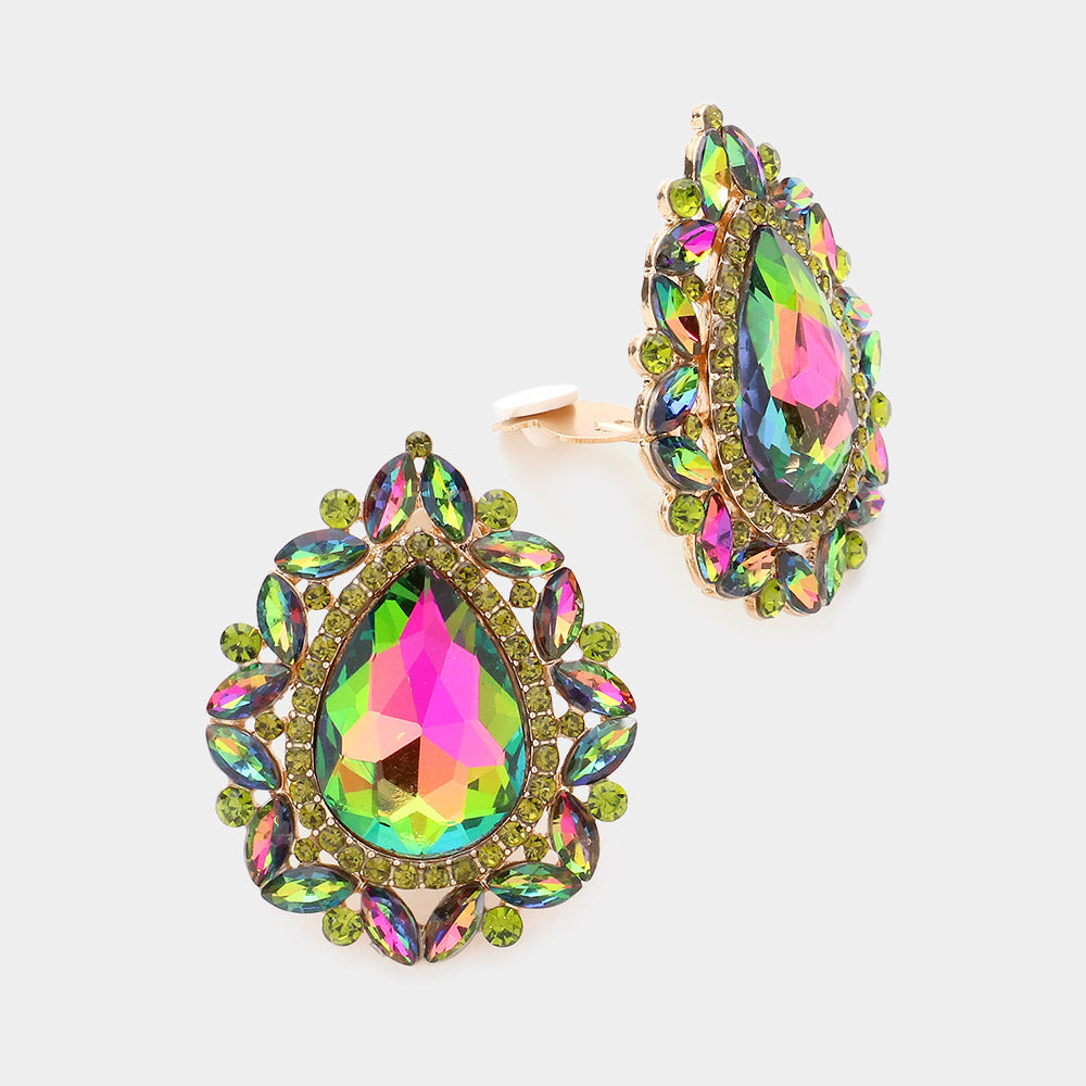 Multi-Color Teardrop Stone Clip On Pageant Earrings  | Interview Earrings