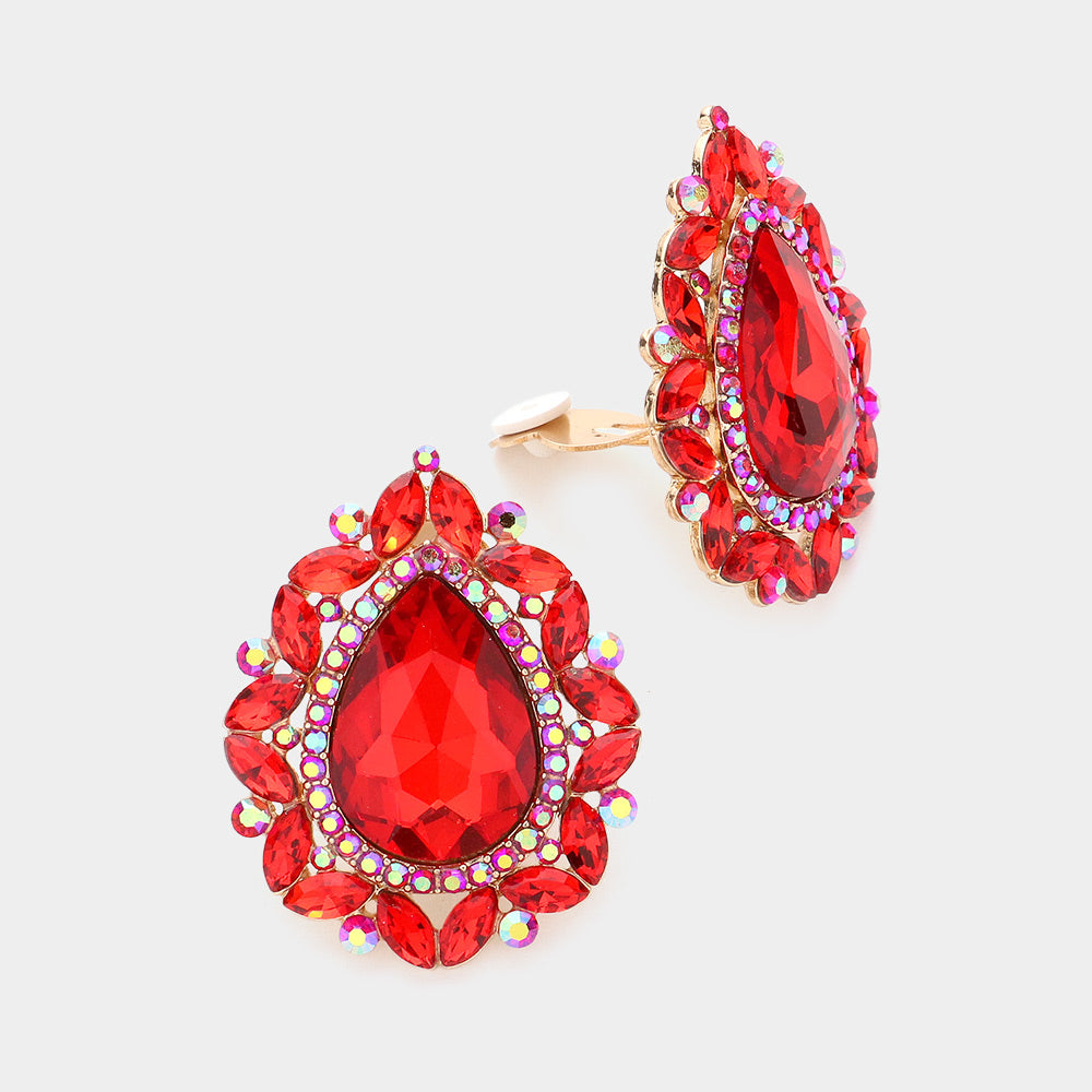 Red Teardrop Stone Clip On Pageant Earrings  | Interview Earrings