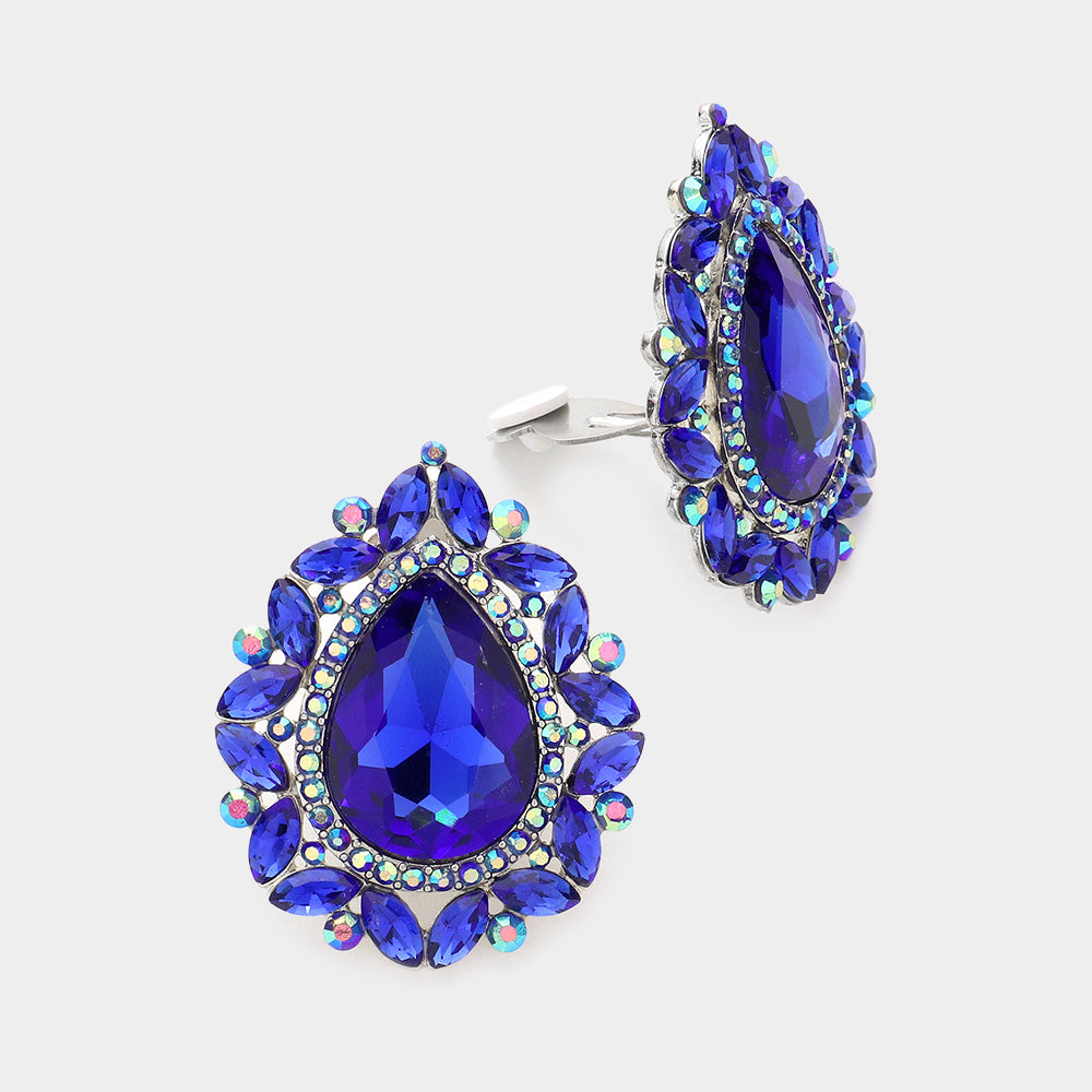 Royal Blue Teardrop Stone Clip On Pageant Earrings  | Interview Earrings