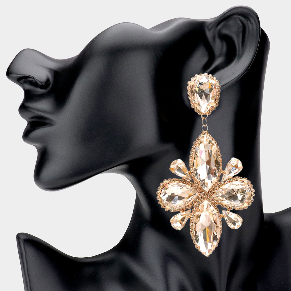 Gold Multi Teardrop Large Clip On Dangle Earrings | Pageant Earrings |  535867