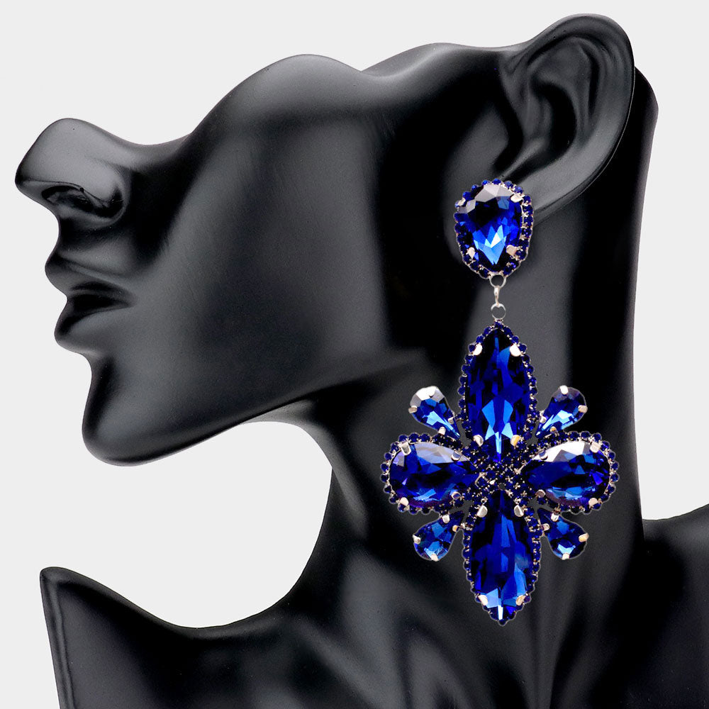 Royal Blue Multi Teardrop Large Clip On Dangle Earrings | Pageant Earrings