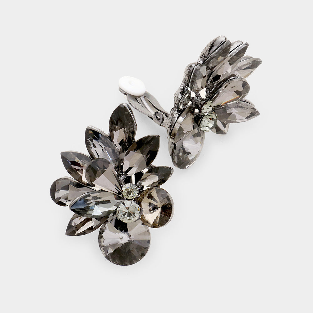 Black Diamond Floral Clip On Pageant Earrings | Interview Earrings