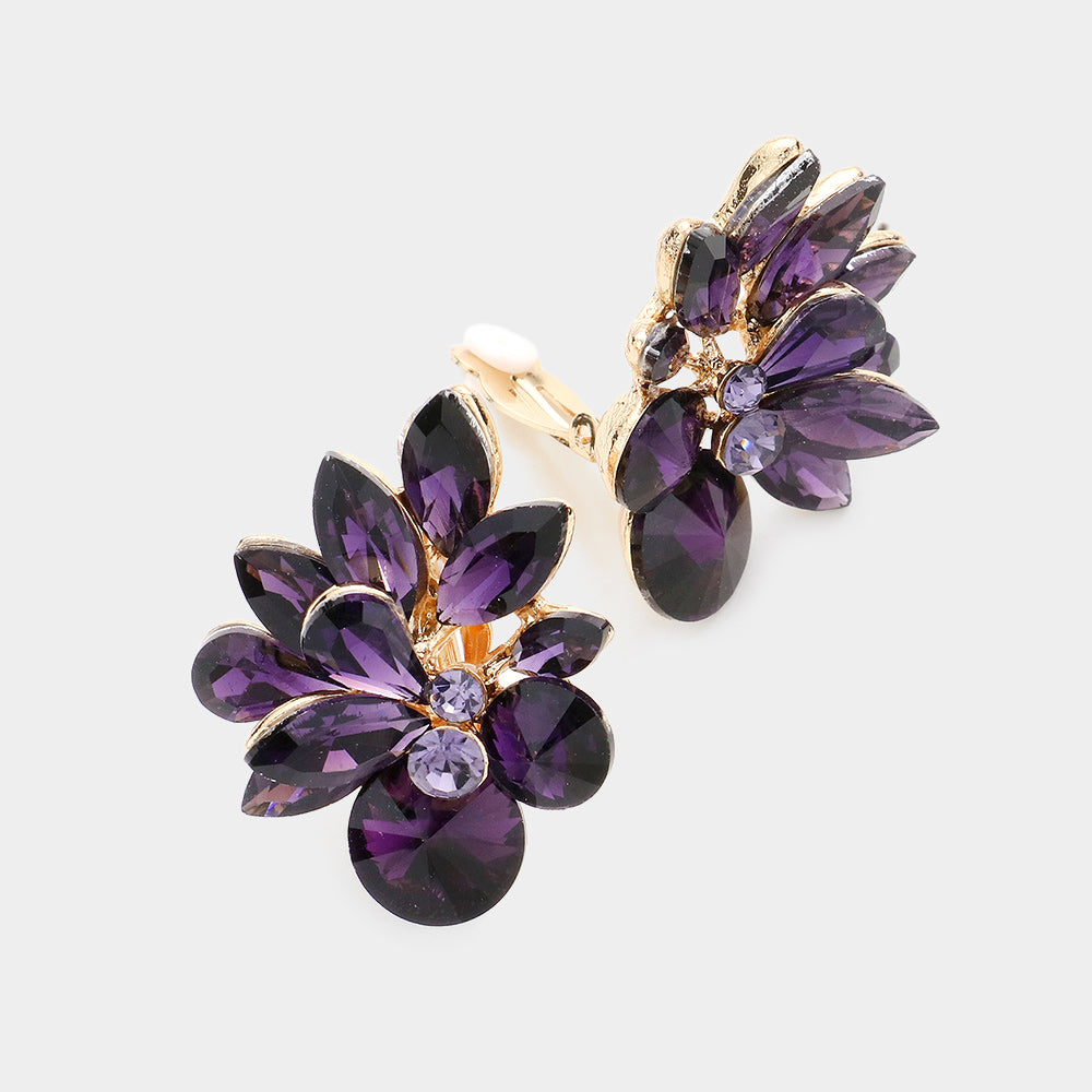 Purple Floral Clip On Pageant Earrings | Interview Earrings