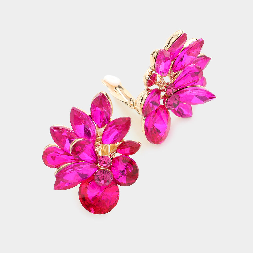 Fuchsia Crystal Leaf Clip On Stud Earrings