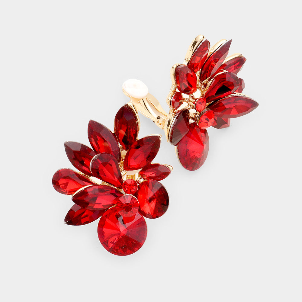 Red Crystal Leaf Clip On Stud Earrings