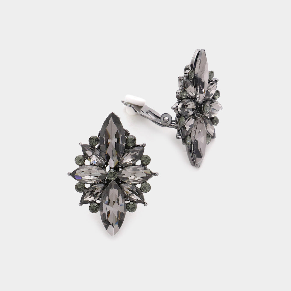 Black Diamond Marquise Stone Cluster Clip On Pageant Earrings | Interview Earrings
