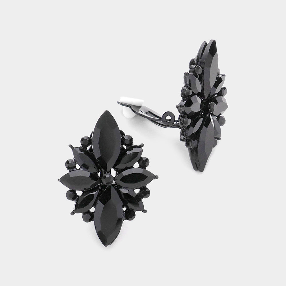 Black Marquise Stone Cluster Clip On Pageant Earrings | Interview Earrings