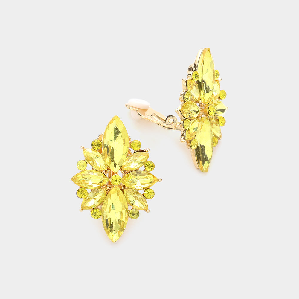 Yellow Marquise Stone Cluster Clip On Pageant Earrings | Interview Earrings
