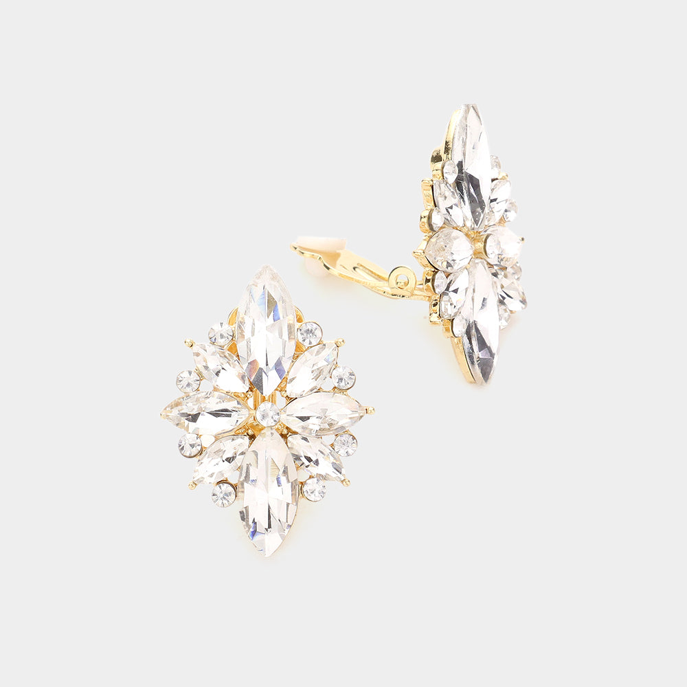 Clear Marquise Stone Cluster Clip On Pageant Earrings on Gold | Interview Earrings