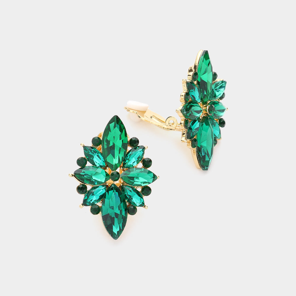 Emerald Marquise Stone Cluster Clip On Pageant Earrings  | Interview Earrings