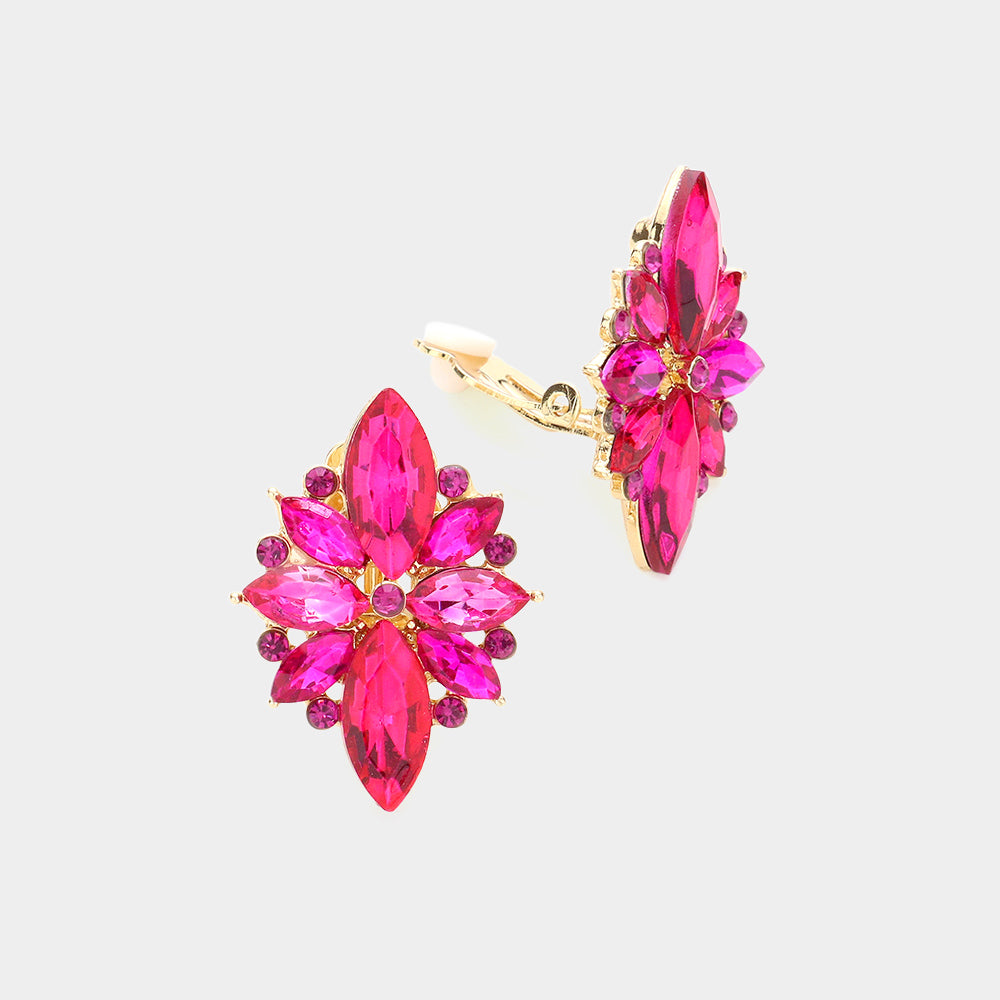 Fuchsia Marquise Stone Cluster Clip On Pageant Earrings  | Interview Earrings