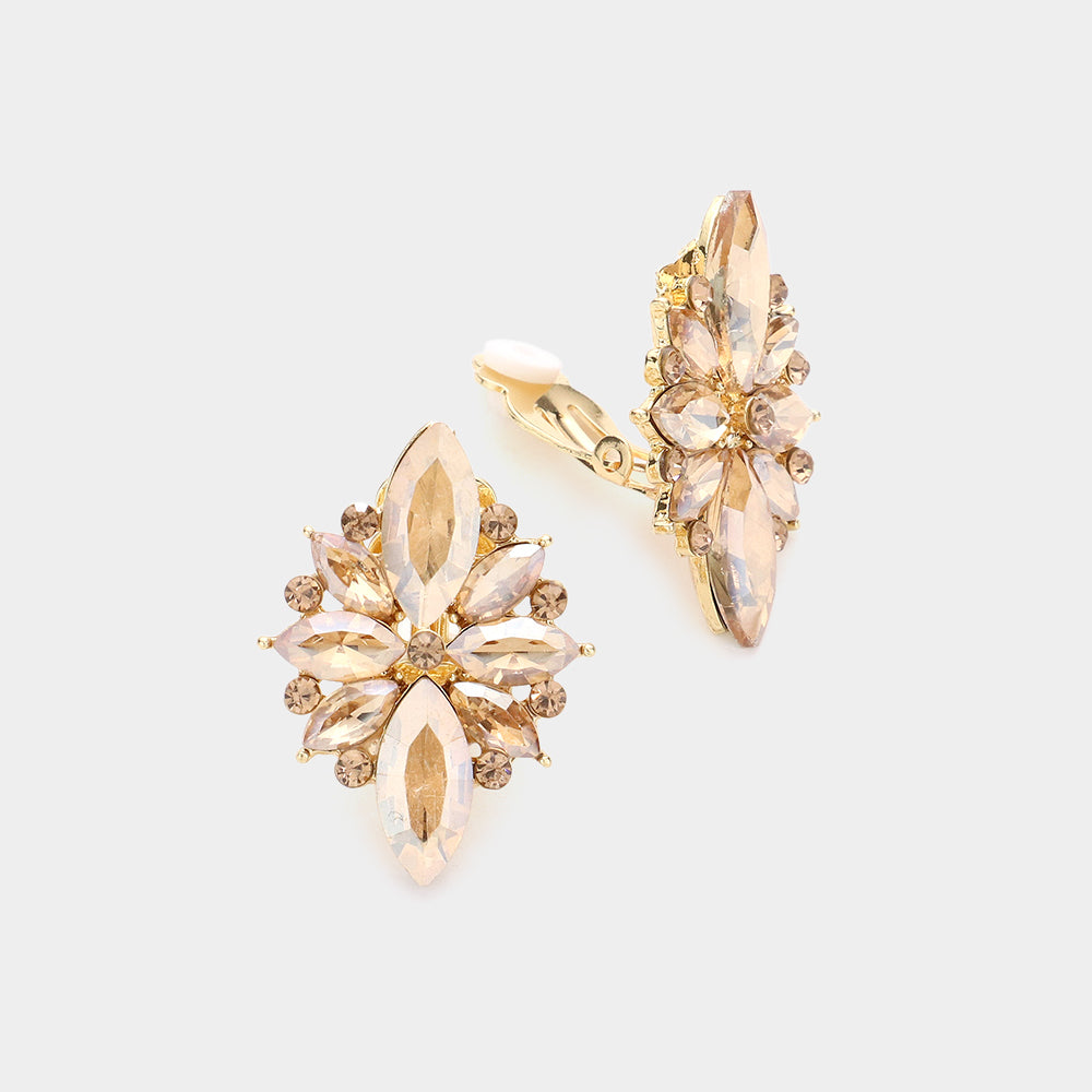 Light Topaz Marquise Stone Cluster Clip On Pageant Earrings  | Interview Earrings