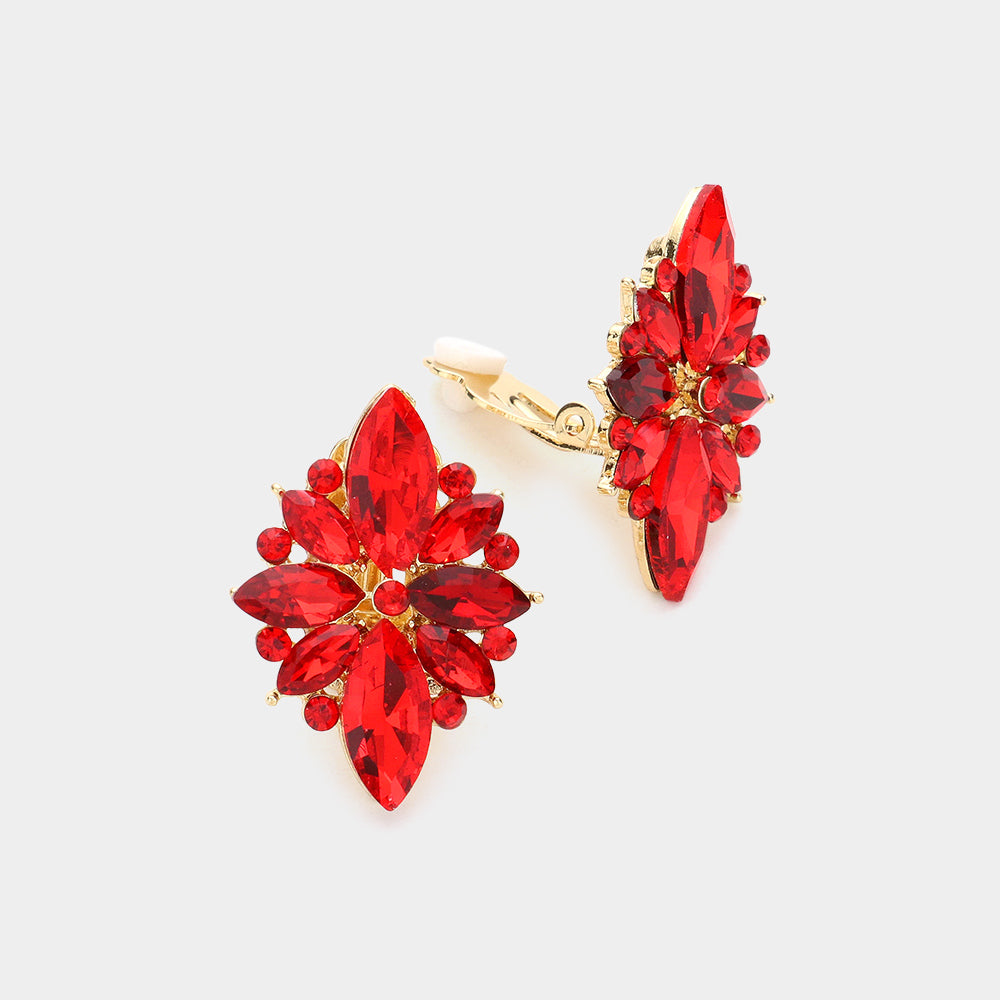 Red Marquise Stone Cluster Clip On Pageant Earrings  | Interview Earrings