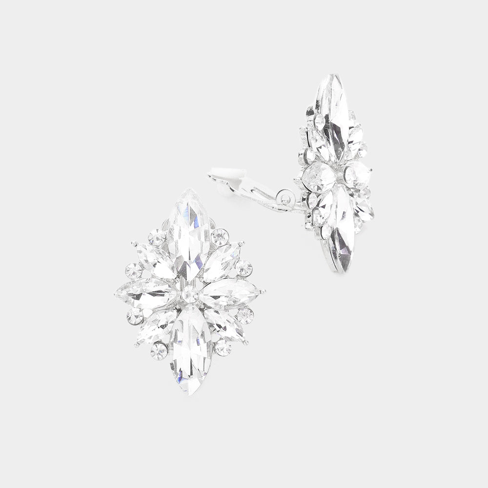 Clear Marquise Stone Cluster Clip On Pageant Earrings  | Interview Earrings