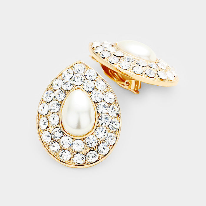 Rhinestones and Cream Pearl Teardrop Clip On Earrings on Gold | Clip On Bridal Earrings