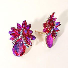 Fuchsia AB Crystal Petal Teardrop Clip On Pageant Earrings  | Prom Earrings