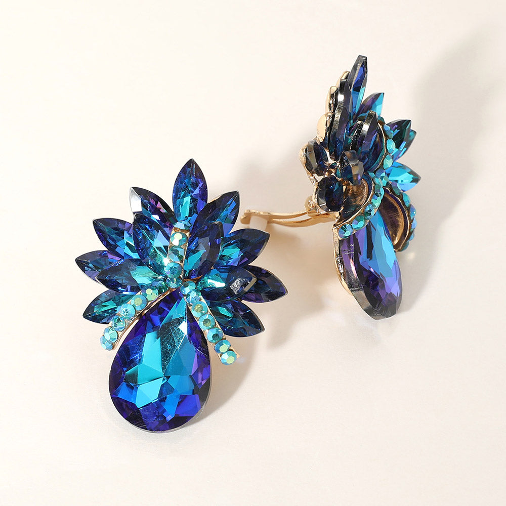 Blue AB Crystal Petal Teardrop Clip On Pageant Earrings  | Prom Earrings