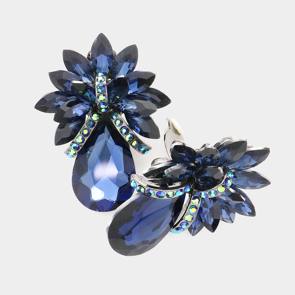 Navy Crystal Petal Teardrop Clip On Pageant Earrings | Prom Earrings