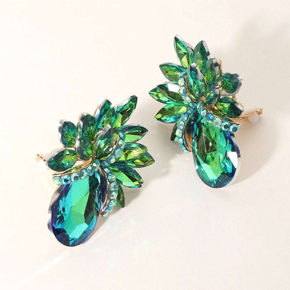 Olive Green AB Crystal Petal Teardrop Clip On Pageant Earrings  | Prom Earrings