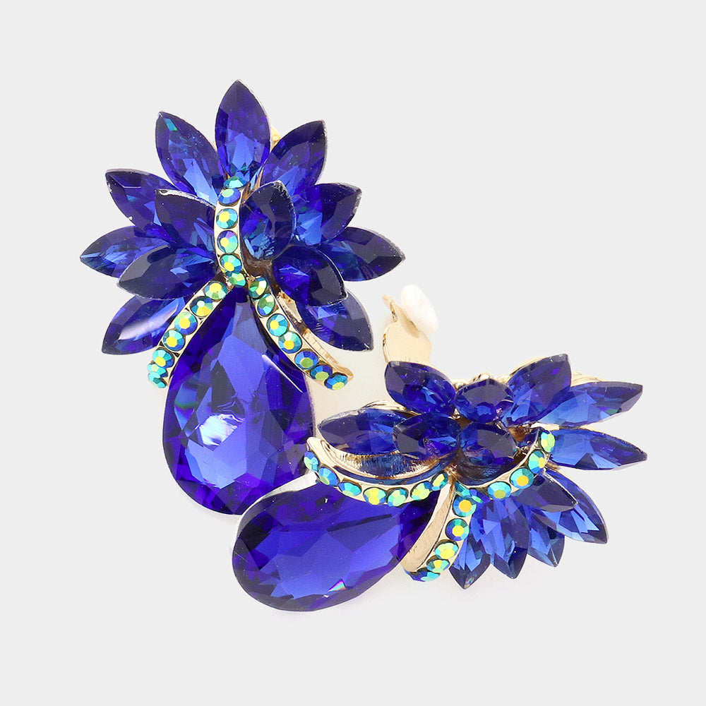 Sapphire Crystal Petal Teardrop Clip On Pageant Earrings | Prom Earrings